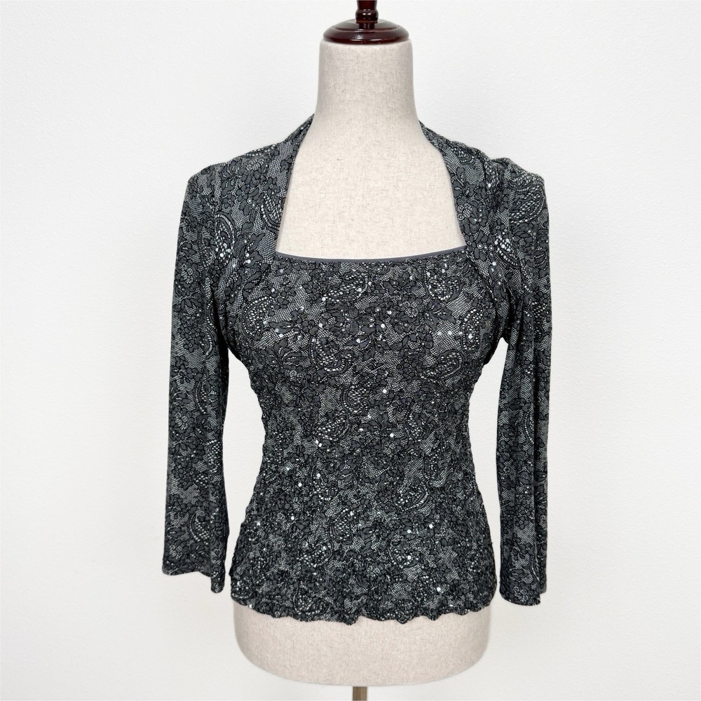 Vtg 90s Fairy Grunge Top Womens‎ 8 Black Floral Sequins Crinkled Whimsy Moody